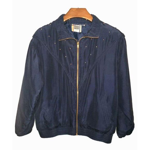 Vintage Div Rousso Silk Bomber Jacket Jogger Windbreaker Dark Blue Studded MED. - Picture 1 of 11